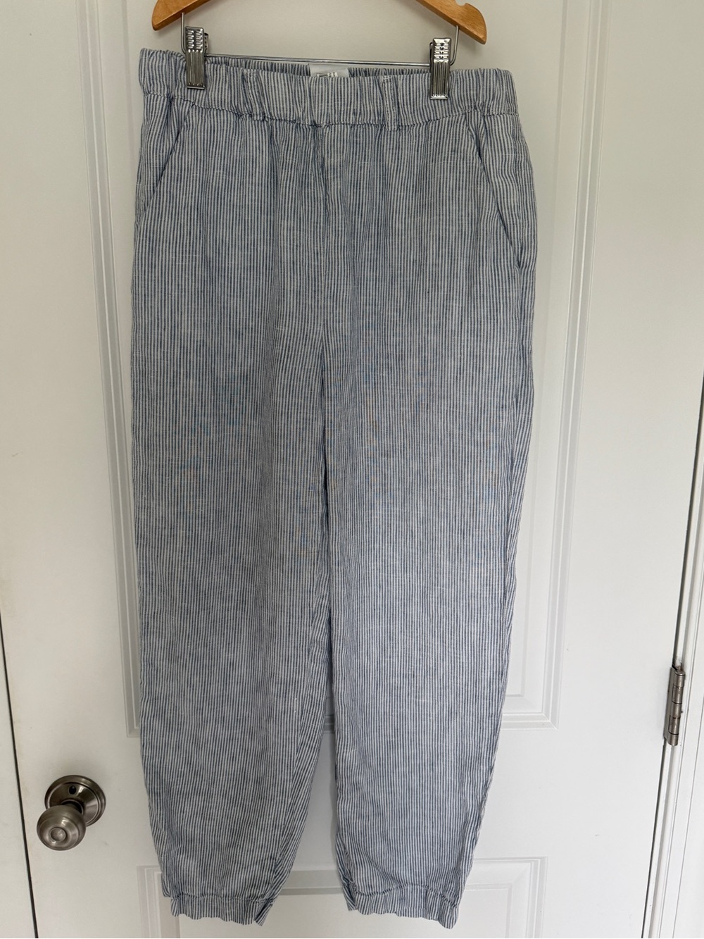 Quince Blue & White Striped Cropped Ankle Pants